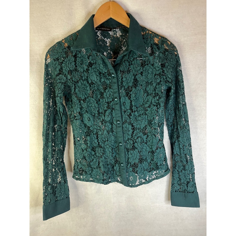 Urban Outfitters Green Button Up Lace Blouse Women's XS Coquette Girls Whimsical